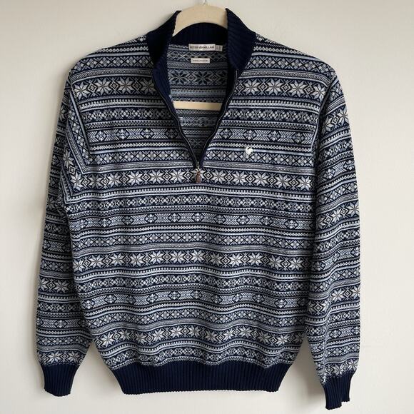 Peter Millar Men's L Navy Gray Wool Cotton Fair Isle Sweater 1/4 Zip Pullover - Picture 1 of 12